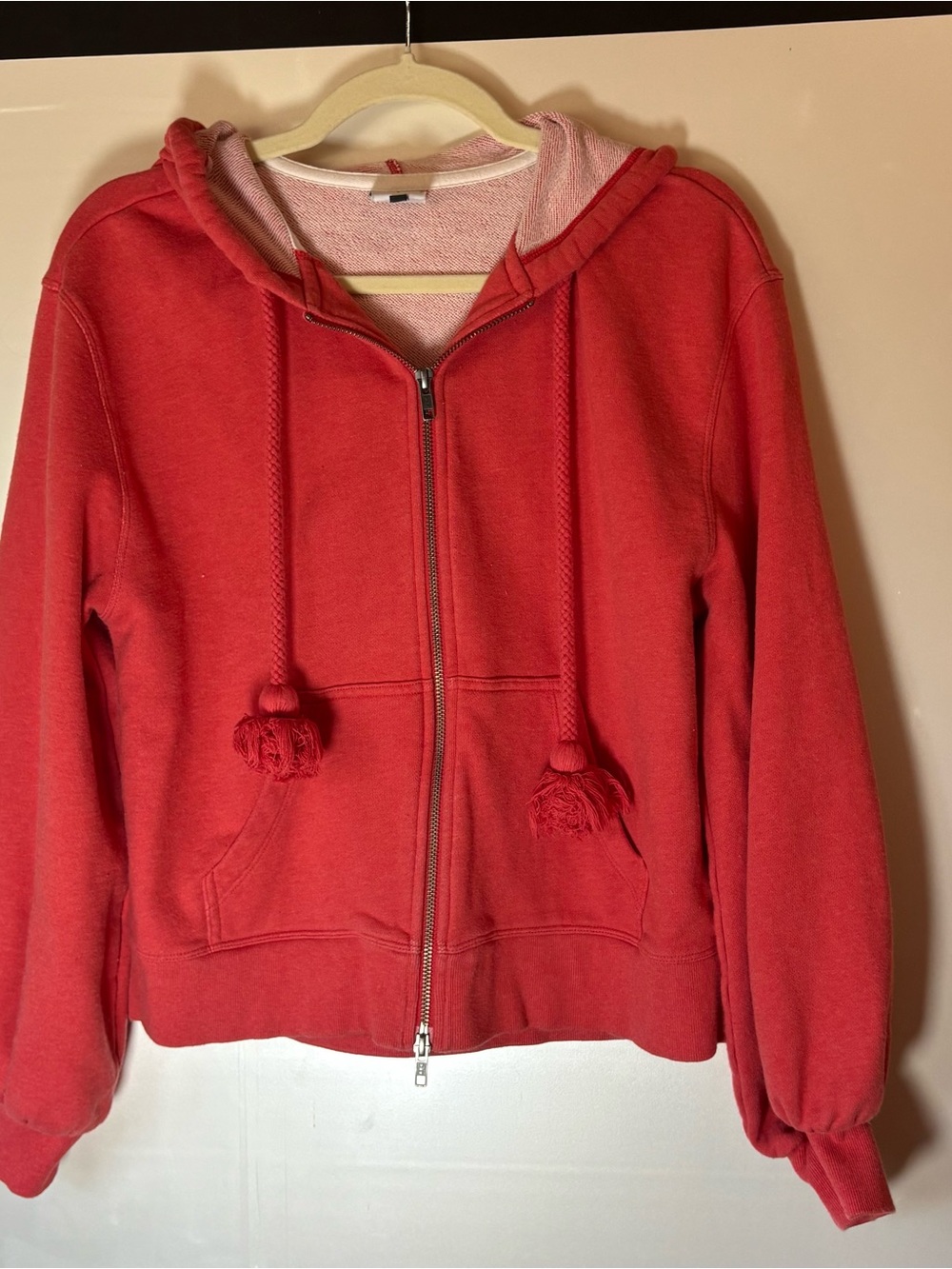 CAbi Small Coral-Red Zip Hoodie with Pom Drawstrings